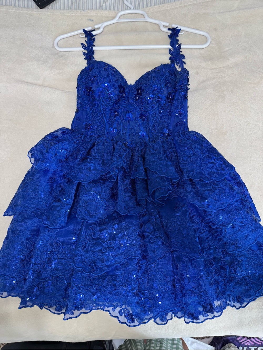 Jovani Royal Blue Lace Sequin Prom Dress with Floral Straps